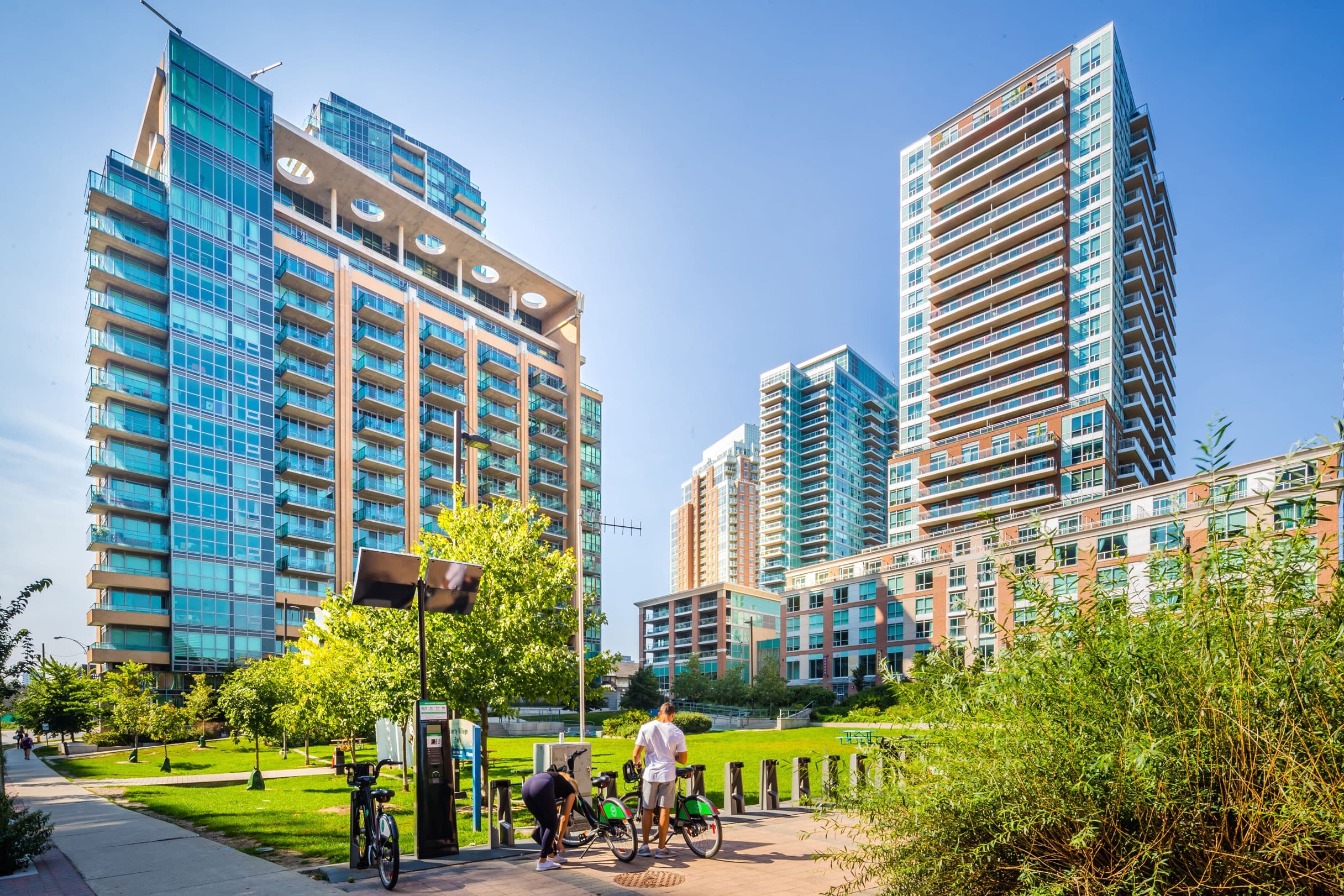 Neighbours out biking together in Liberty Village