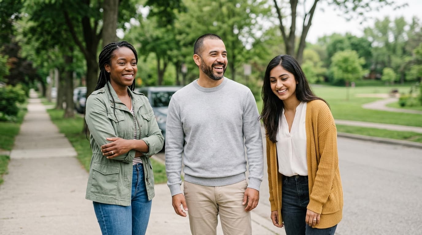 A group of Mates walking and talking together on a tree-lined sidewalk