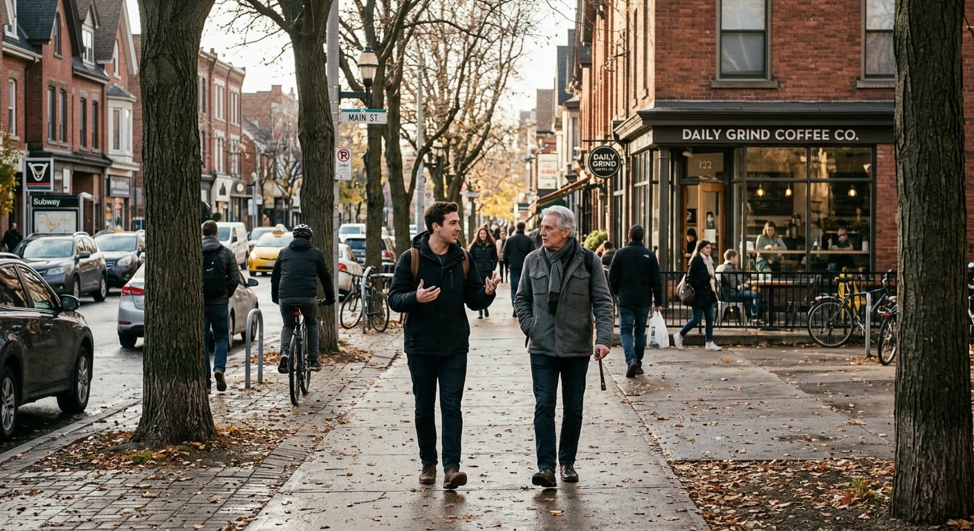 Two neighbours walking and talking past a local coffee shop