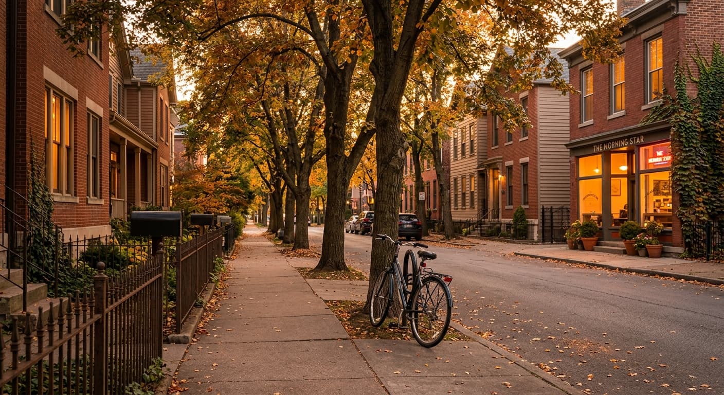 A golden-hour city street with warm light, perfect for a neighbourhood walk