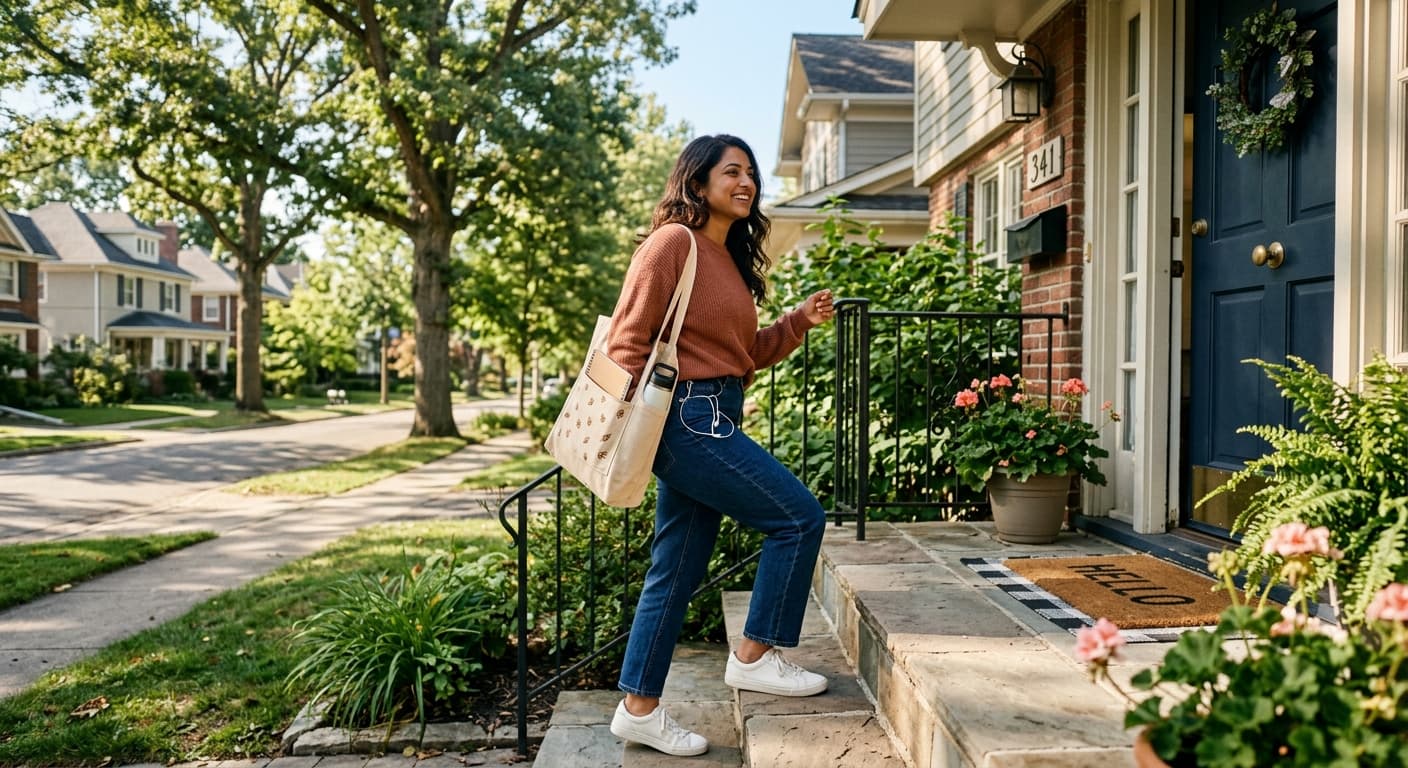 A Kiindmate Mate arriving at a neighbour's front door with a warm smile