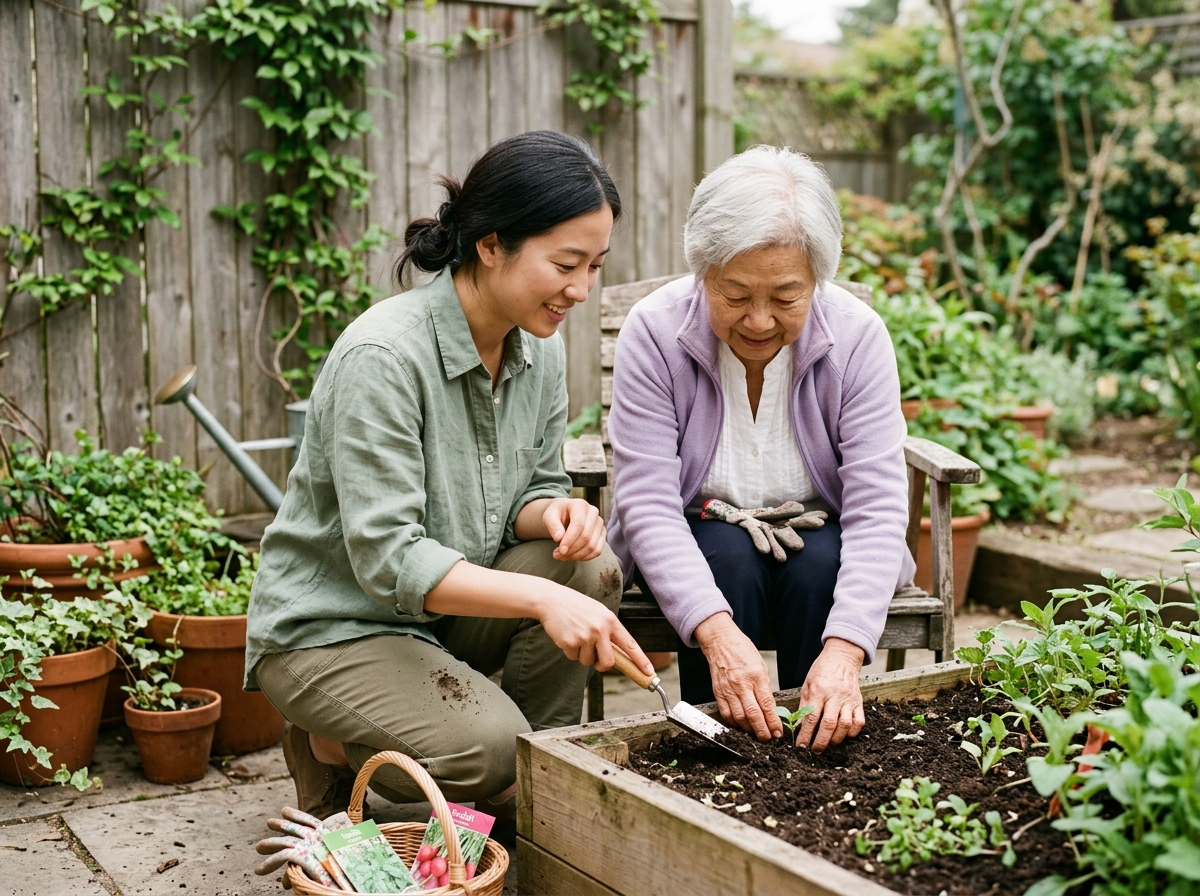 A companion and senior gardening together outdoors