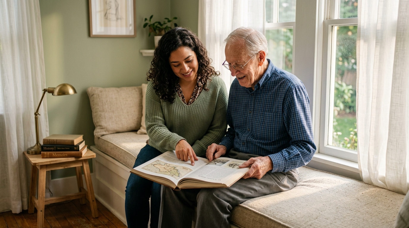 A companion and senior sharing a book together by a sunny window