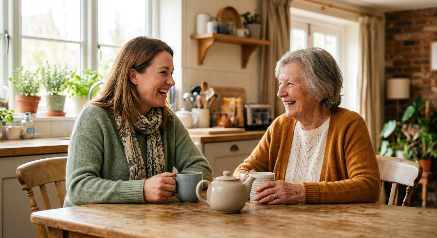 A companion and client laughing together over tea in a sunny kitchen