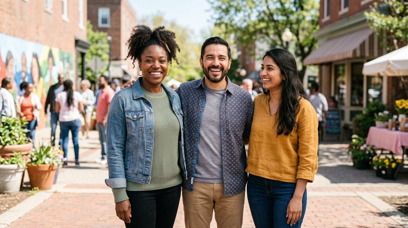 Companions smiling together on a sunny city street
